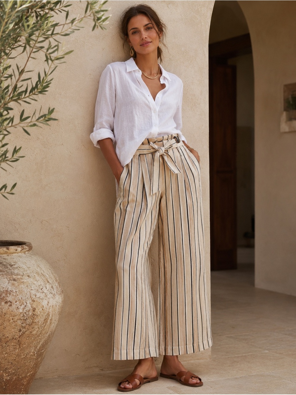 Spanner Linen Blend Striped Wide Leg Pants Tie Waist Coastal Cottage